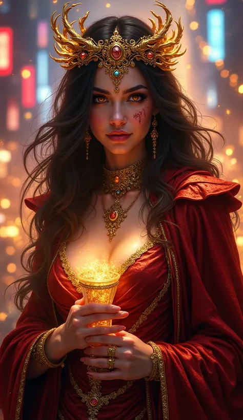 villain inspired by Friday, depicted as a female figure from the chest up. Her skin has a rich, shimmering gold hue, radiating an aura of temptation and extravagance, with intricate patterns resembling flowing currents of energy. Her long, dark hair is sty...