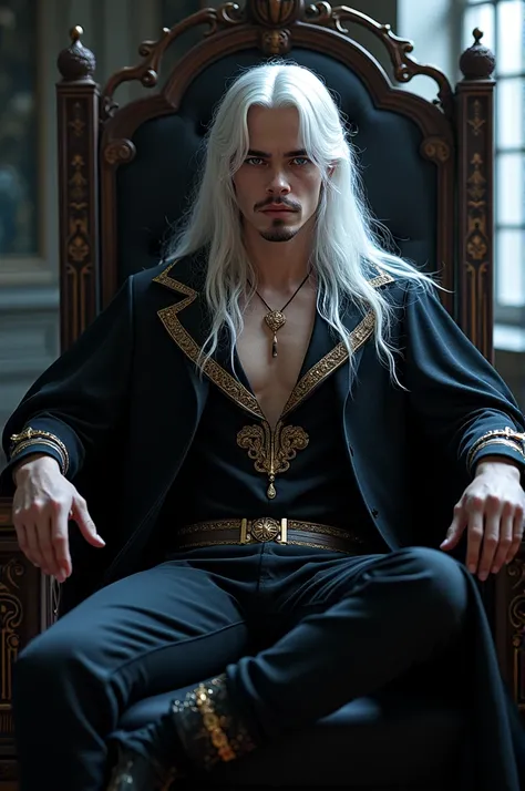 Create an imposing beautiful prince of hell ,  that has lilac-blue eyes and a beautiful face , Let your hair be white and very long ,  who has him tied in a half braid with loose hair on his sides , Without Beard.  That you wear an elegant dark outfit ,  t...