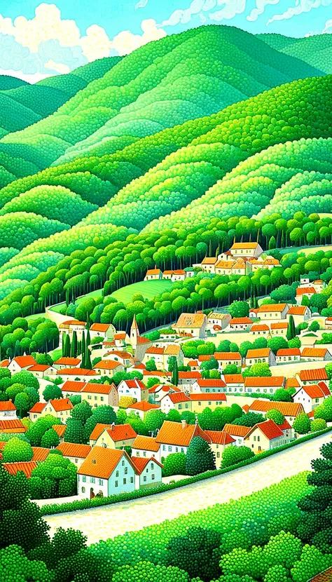 pointillism, painting of a town with a lot of houses and trees, village in the woods, by Camille Bombois, jane newland, adrian borda, vdragan bibin, cottage town, by Bohumil Kubista, benjamin vnuk, by Yi Inmun, by Nadya Rusheva, tree town, townscape, city ...