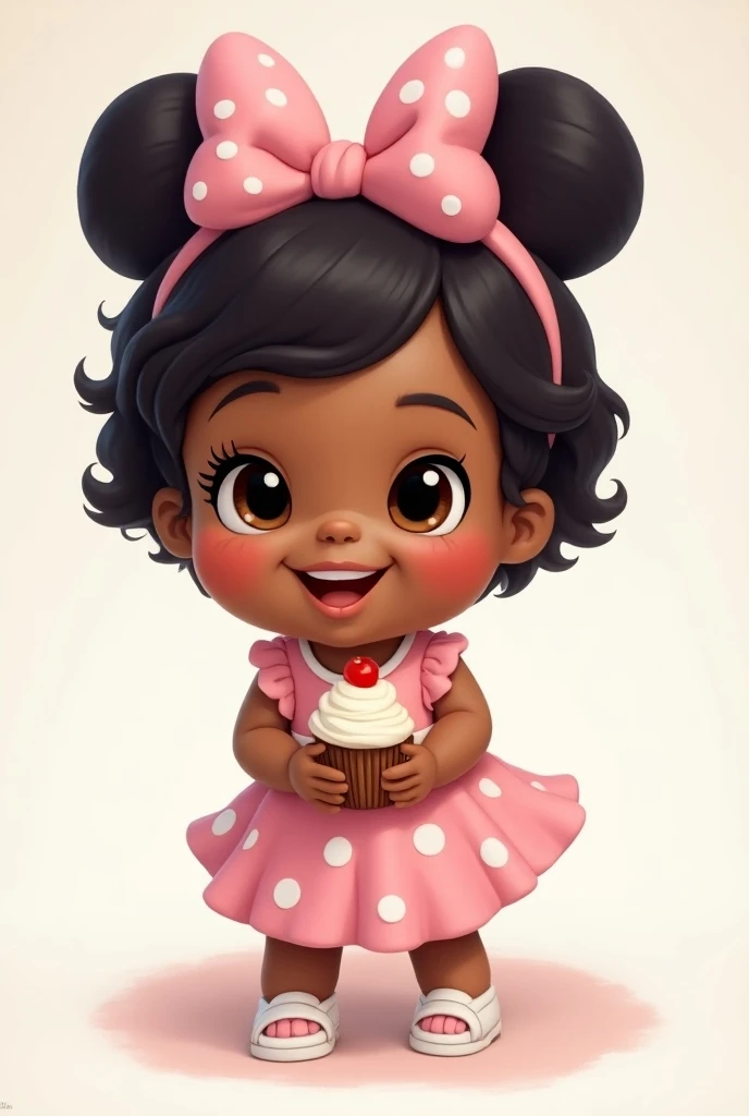  baby , dark brown skin, short wavy black hair with pink Minnie headband, brown eyes, wearing a pink dress with white polka dots with a white stripe around the middle of Minnie the pastry chefs bust,  little white shoe holding cupcake .