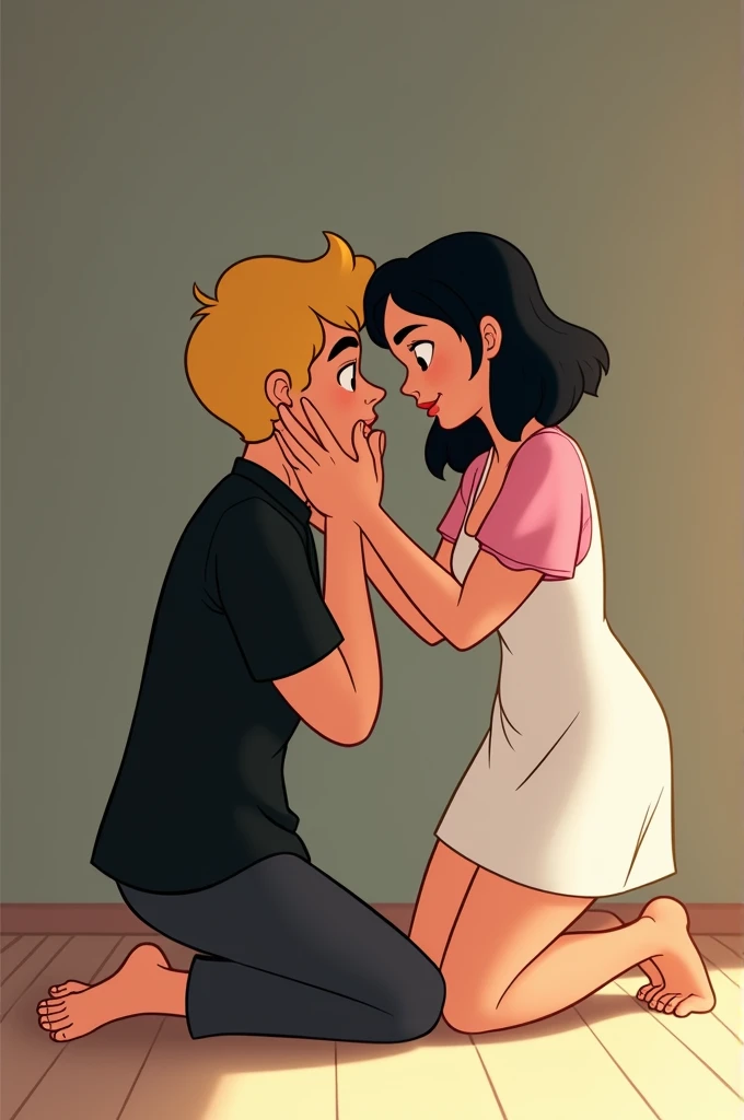 Disney-style cartoon shows a man crying with curly blond hair straight wavy short kneeling he wears all black clothes with his hands on his face a woman with short straight hair is putting her hand on his head she wears a white dress with pink sleeves she ...