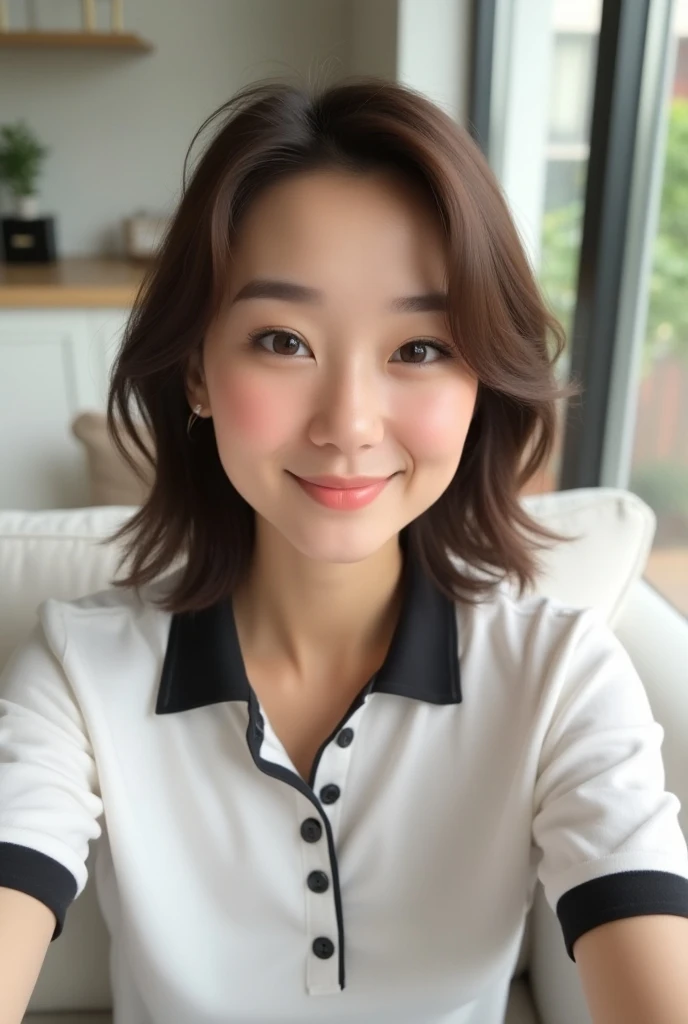 Generate full face selfie of a 37 year lady with brown hair, light brown eye, wearing a white polo with a black collar neck sitting on a white couch in her sitting room 