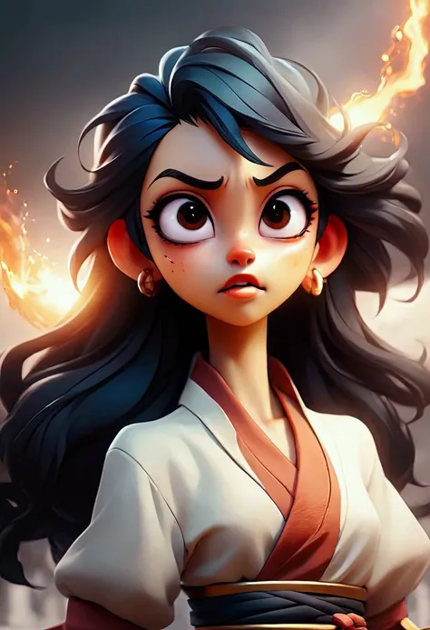 masterpiece, best quality, {best quality}, {{masterpiece}}, {highres}, focus, anime style, a closeup of a cartoon of a woman, girl design, portrait, giesha, anime image, long hair, black hair, straight eyes, hair covering ears, happy, polished and powerful...