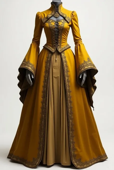 a medieval-inspired gown, featuring intricate detailing and a rich, elegant design. The dress is predominantly dark yellow with a beige or light gold inner layer visible from the skirt. The bodice is fitted with a lace-up front, giving it a structured and ...