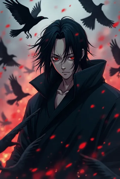 Itachi action anime with crow sad powerful  old age colourful