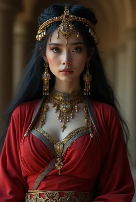 a young woman of 20 years old, blue skin, detailed iridescent eyes, very beautiful, huge breasts, slim waist, long black hair, red ancient Berber royal outfit, jewelry, complex fantasy character, sensual, seductive, sexy, NSFW, in an ancient Berber city, b...