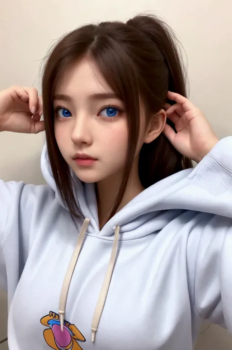 Girl in hoodie,  High Resolution , Long Hair, blue eyes, Brown Hair, 