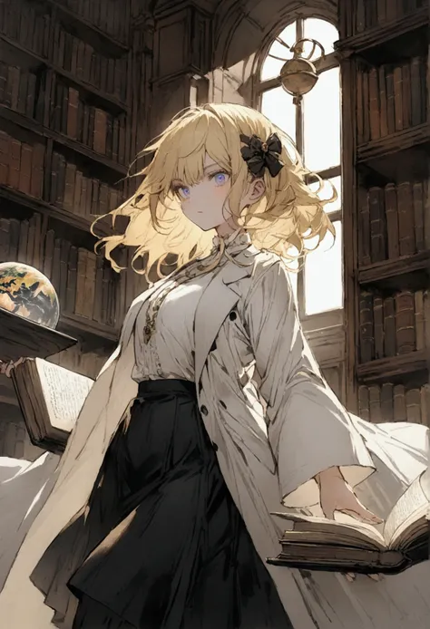 A bit wavy long blonde hair, a young lady with galaxy colored eyes, serious expressions, facing the camera, small hair accessories, Edwardian white top, long black skirt , wearing white lab coat, standing in a library, floating books, floating globe, light...