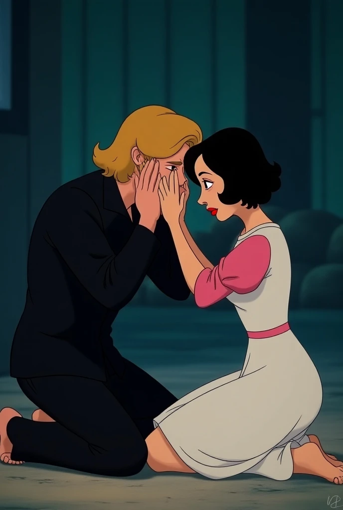 Disney-style cartoon shows a man crying with short wavy straight blond hair kneeling down he wears all black clothes with his hands on his face a woman with short straight hair is putting her hand on his head she wears a white dress with pink sleeves she i...