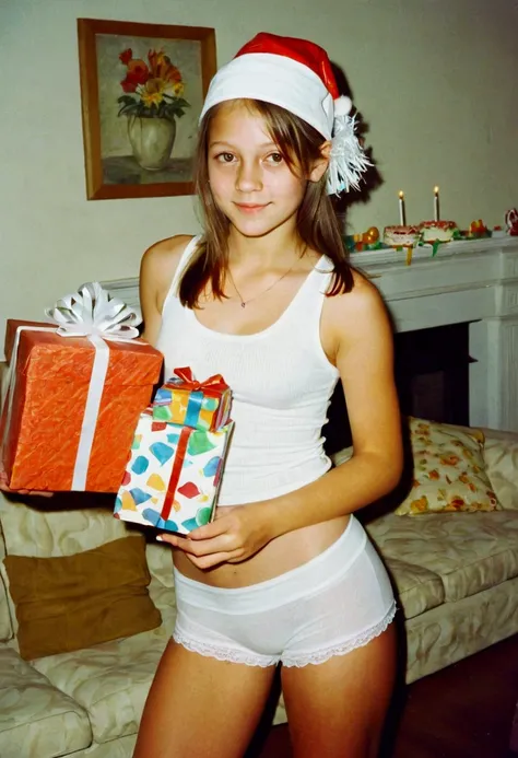 old picture taken with disposable old camera , 1 girl wearing white tanktop , white panties , birthday hat , standing , holding gift