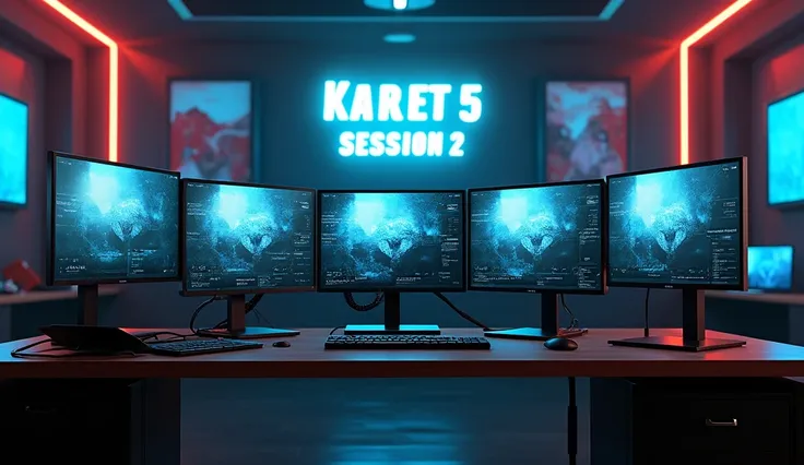 Realistic 3d luxury game studio many monitors and in the background there is a large monitor screen that says "KARET 5 CUP SESSION 2"