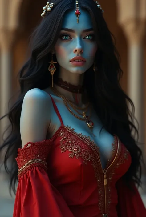 a 20 year old young woman, (((blue skin))), detailed iridescent eyes, very beautiful, huge breasts, slim waist, long black hair, red ancient Berber royal outfit, jewelry, complex fantasy character, sensual, seductive, sexy, NSFW, in an ancient Berber city,...