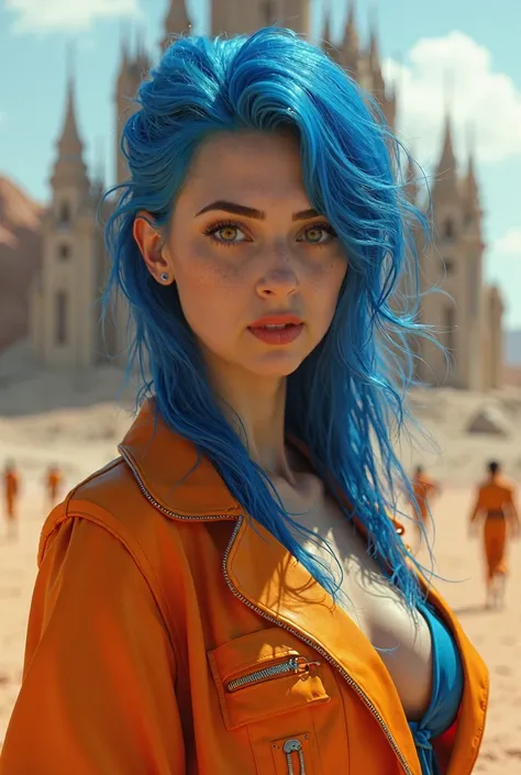 1 woman, 3,       hyperrealistic      ,       High quality, beautiful, elegant, Royal blue hair   , freckles on the cheeks, green eyes,       in futuristic orange clothes      ,        on a deserted planet with monsters in the background,       with orange...