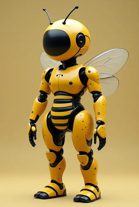 A Bee robot. She has a female body. She has a small stature. She has thick thighs with yellow and black stripes. She has translucent wings. She is chubby.