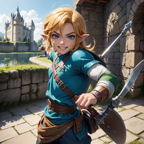 Link enfant garçon musclé Animé, Style Animé, souriant en train de combattre avec l'épée de légendes devant le château d'Hyrule Solo, 