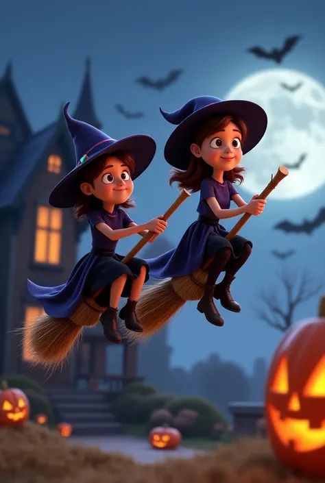 Deux sorcières en vol sur leur balai  style pixar 
Avec sur le premier balai noté "Ellone" 
Sur le second balai noté " Linoa" 
En fond une maison hantée des chauves souris et des citrouilles 