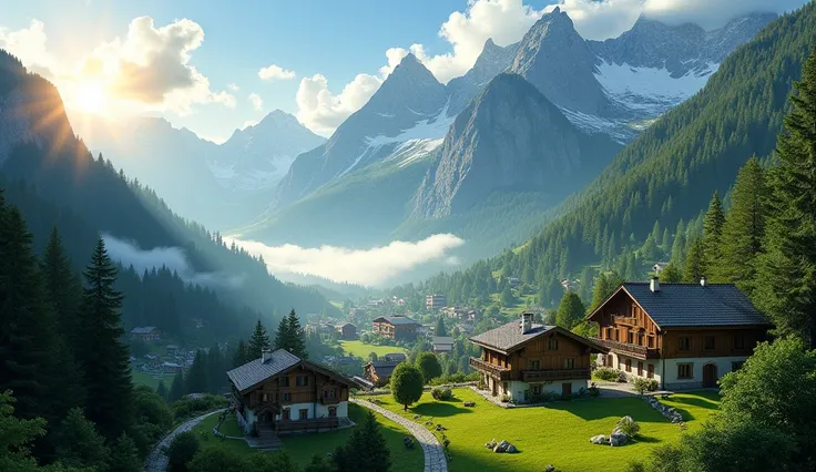 This is a high-resolution photograph capturing a picturesque mountain village nestled in a lush, verdant valley. The scene is bathed in warm, early morning sunlight, with the sun partially hidden behind a cloud to the left, casting a radiant glow across th...