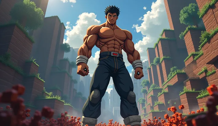 Kenshiro anime sem camisa preso no Minecraft 