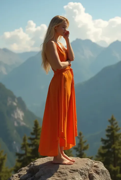 Créez une image réaliste, ses détails sont caractérisés par une grande précision, une belle fille aux longs cheveux blonds raides, vêtue dune robe orange sexy et pieds nus, aux seins larges et sexy, debout au sommet dun rocher au sommet de la montagne, reg...