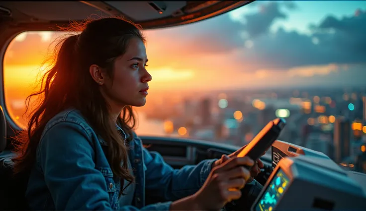 A dynamic close-up shot of a super-powered girl, her eyes glowing with energy, maneuvering a sleek, futuristic light ship in the sky. The ship is illuminated by the golden hour sunlight, casting a warm glow on her determined face. She is in a dynamic pose,...