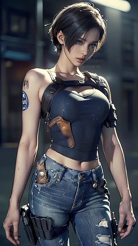 (one woman),(whole body:1.5),(front),((( jill valentine is standing :1,5))),( shirtless),((dirty tattered jeans :1.5)),(((tactic...