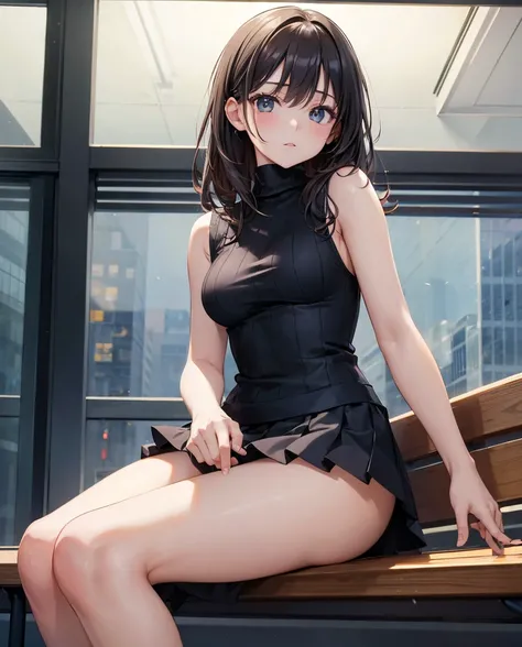 (8k、Best Quality、masterpiece:1.2)、(1 girl:1.0)、(sleeveless turtleneck, miniskirt:1.0)、(large Breasts, thighs:0.8)、(in the room:1.0)、(sitting on bench)、(show panties:1.0)、(from below:1.0)