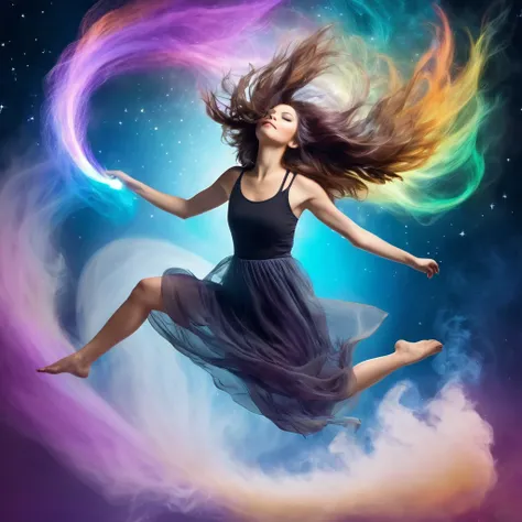 woman flying hair, celestial, lights colors, smoke