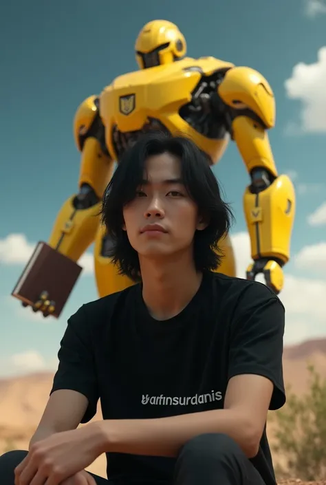 (photorealism:9:16),   young man with shoulder-length black hair ,
Wear black t-shirt with adinsundanis , am sitting , background there is a unique yellow tranformer robot carrying a book  , on planet galaxy ,  Quiet atmosphere  