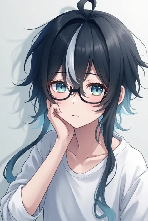 Anime man with a sweet face, long hair, black hair, white in front of the back, pastel blue eyes, wearing thin glasses