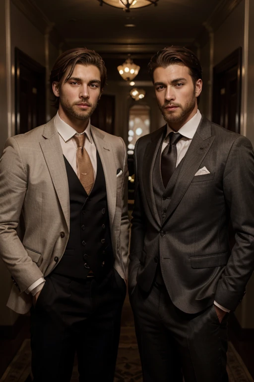 , two male figures standing together，Real People， One is tall, rich and handsome ， and the other is a young teenager ，, both characters are British ，Both were wearing suits，The rich have a short beard 