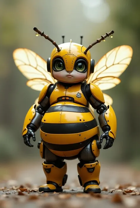 A Bee Transformer with an AI face. She has a female body. She has a small stature. She has thick thighs with yellow and black stripes. She has translucent wings. She is chubby.