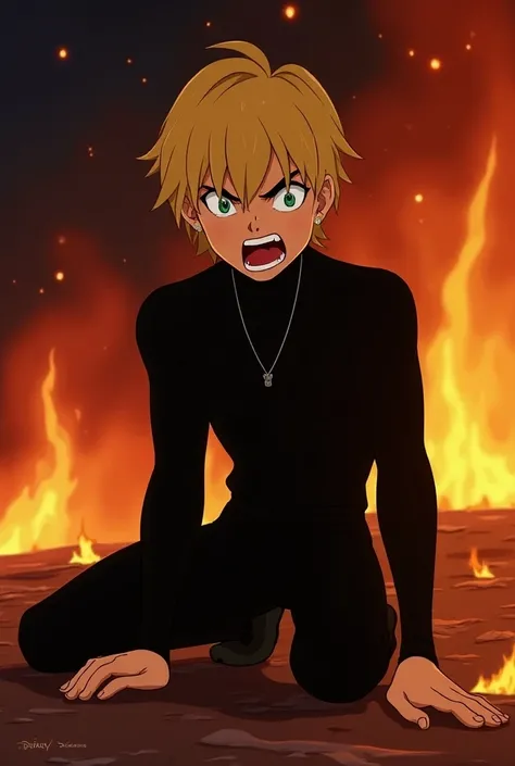 Disney-style cartoon shows a young man crying angrily with straight wavy blond hair, green eyes kneeling, he wears all black clothes with a high neck with his hands hes in hell on fire 