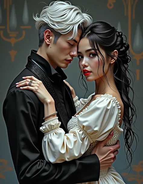 Masterpiece, Superb Fashion, (Fashion Costume), (Illustration), (2 People), Handsome Young Couple, (Russian Mill Style), Fashion, Silver Hair, (Long Hair), (Messy Hair), (White Skin), (Dark Circles), Handsome, Dance Steps, Trend, Dark Gray,, Close Up, (Gra...