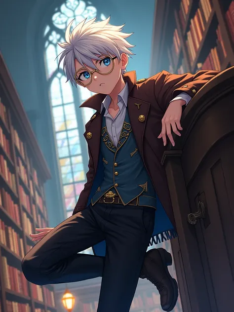 Anime-style masterpiece, with detailed strokes and vibrant colors. | A boy with white hair and blue eyes, with a curious and intelligent look, wears steampunk glasses with golden frames. He is dressed in a long, dark brown coat with bronze details, and a w...