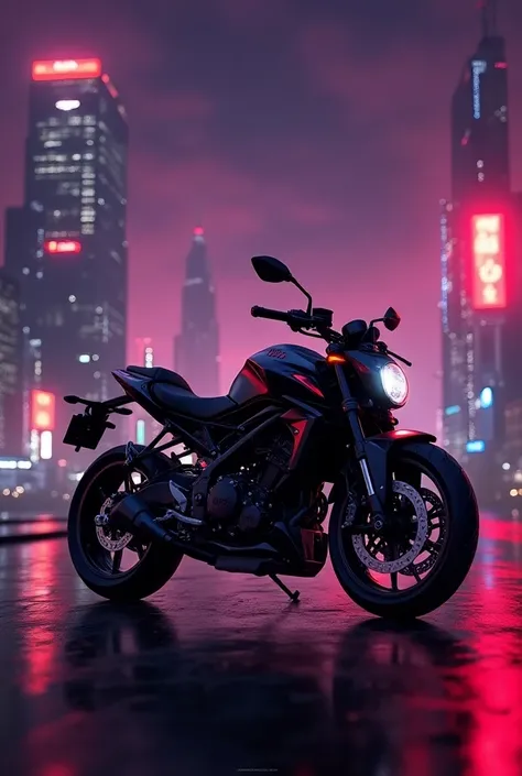 Modified MT15 bike black colour and red lights , on a neon city , 4k quality with dark sky , 3D realistic MT15 bike, The sky should be dark black with purple shades