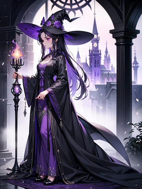 long staff ，magic hat，purple long hair,witch, black robe, victorian style, gothic skirt, middle ages,purple fire，long black dres...