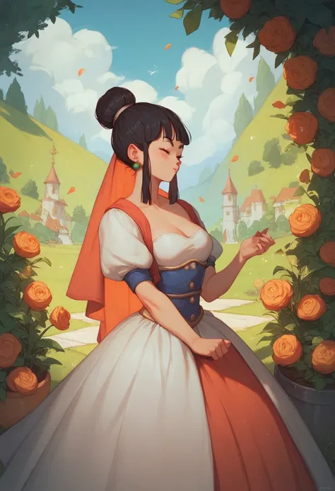  Chichi(Dragon ball) And adorable face and wearing a large medieval princess dress and in a garden and wearing a crown