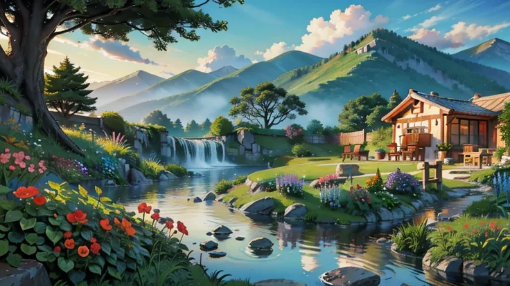 Illustration of mountain villas, waterfalls in the backyard, a beautiful brick path leads to a beautiful flower garden, ren play at sunny dusk in a beautiful grassy garden,  amazing nevens, birds draw the skies