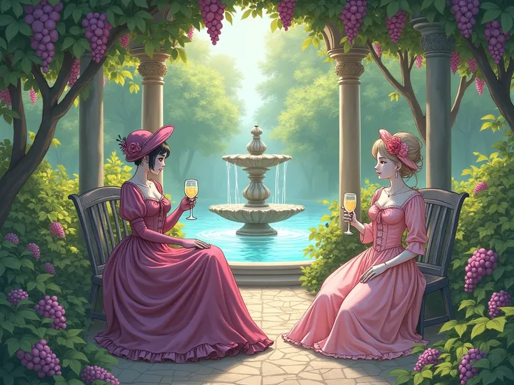 An illustration by the artist Kinuko Yamabe Craft, romantic androids in antique outfits of noble ladies relaxing in a magical fantasy garden by a fountain under a canopy of wild grapes, androids do not look like ladies but behave like noble ladies with fan...