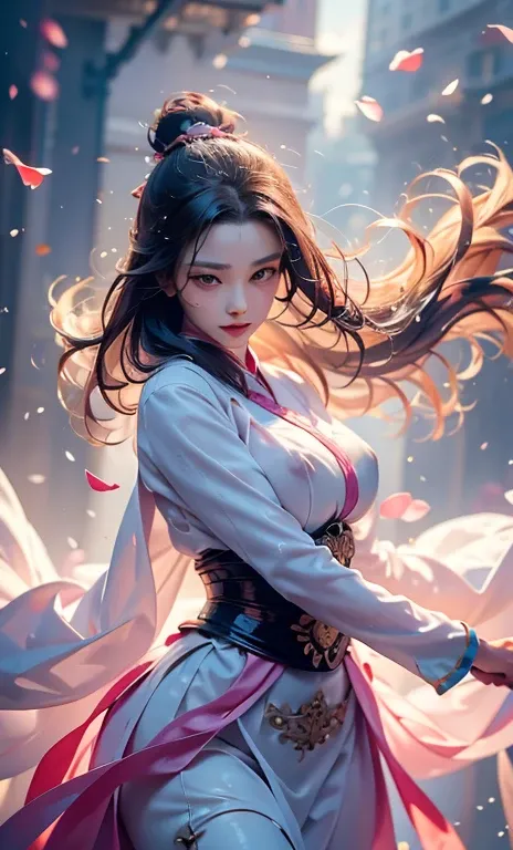 Full body picture，sword sakura,Interested _Body,  1 girl at home ,arms,sword,Black Hair,flower petals,樱flower,Long hair, Chinese Clothing,Vague,OK,Headdress,Keep arms,  Also check out the audience ,Keep sword,Keep,Long sleeve,Facial Tagging,single OK,flowe...