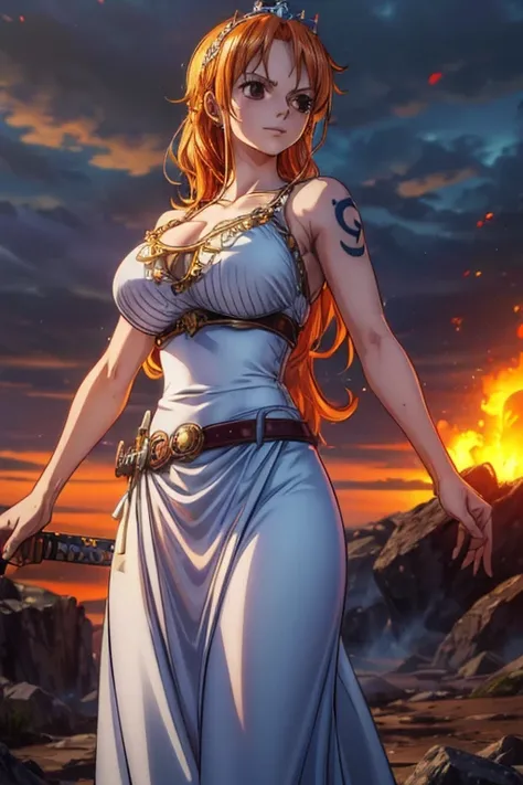  (Masterpiece,Best Quality, 4K, 8k,  High Resolution , masterpiece:1.2), Super detailed, (Realistic, photoRealistic, photo-Realistic:1.37),  Preserving Anime Style ,Nami from One Piece, pale orange hair ,Beautiful brown eyes,Left shoulder tattoo,Beautiful ...