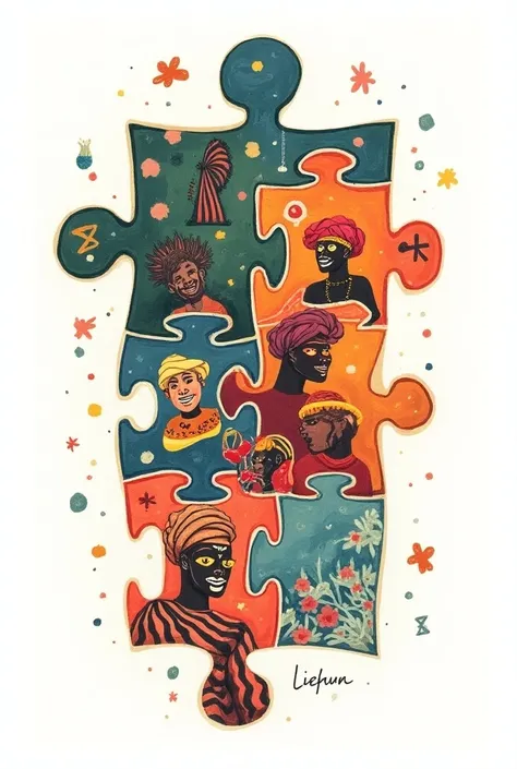 A bold drawing that shows a puzzle with cultures inside the puzzle. Simple and colorful