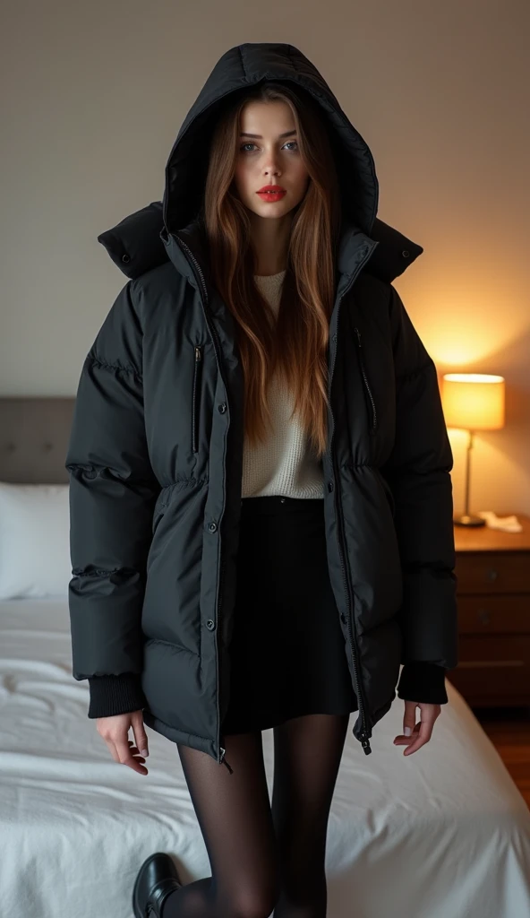  Incredibly beautiful tall Russian girl , young student with straight hair, very short stylish modern winter quilted down jacket loose fit matte black with hood on, the hood is put on the head, the head is completely covered by the hood ,sexy ass in black ...