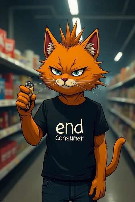  Generate an orange cat , with punk-style hair and a brave face ,  with a black t-shirt containing the phrase  "end consumer ",  the cat must be in a supermarket ,  paying for a cigarette lighter ,  the whole environment with dark tones and the cat must be...