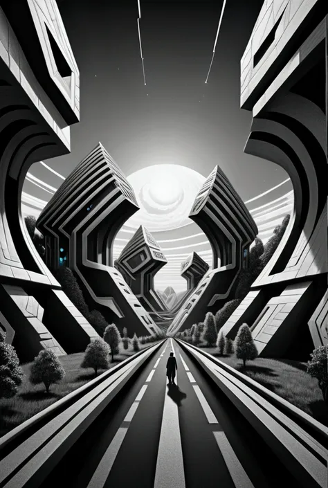 Landscape envisioned from the mind of an ADHDer walking through time and traveling through distortions of themselves.  What a trippy ride.  Sci fi sci fi futuristic futuristic cubism cubism bizarro bizarro Masterpiece, Super Detailed, Super Detailed, Zoom ...