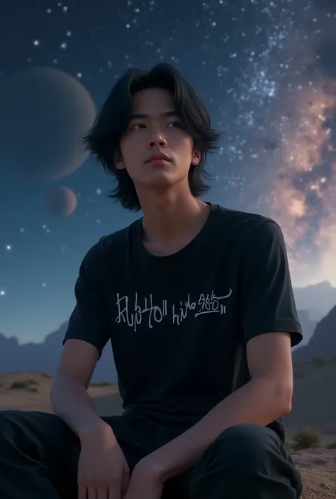 (photorealism:9:16),   young man with shoulder-length black hair,
 Wear black color t-shirt with wih pen lettering, sitting  , background   , on the planet galaxy , calm atmosphere  