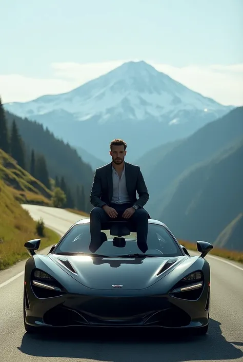 Make me an image of a super sports car and a man sitting on the hood of the car looking at the beautiful landscape 