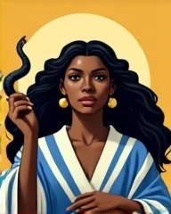  The image shows Santa Marta the Dominatrix represented as a powerful figure.  She is a dark-skinned woman with voluminous, loose hair .  She holds a snake wrapped around her body ,  that rises to her right hand in a position of control . Her expression is...