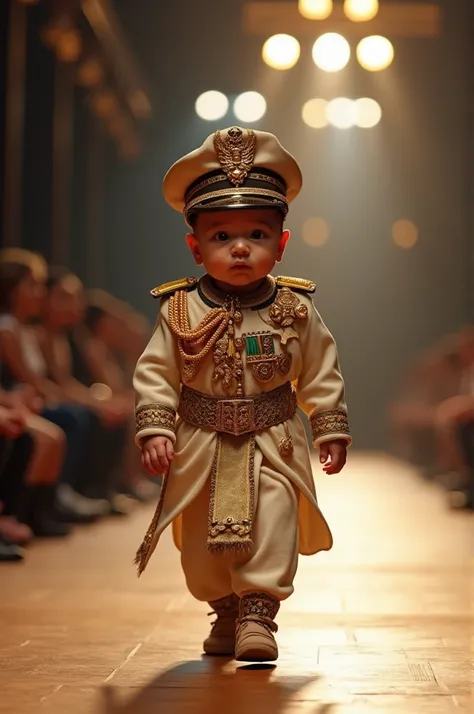  “A beautiful newborn baby dressed in a detailed miniature Egyptian military uniform, complete with , dragons,  medals and a formal hat with the Egyptian emblem .  The baby confidently walks a fashion runway ,  with bright lights and an audience focused on...