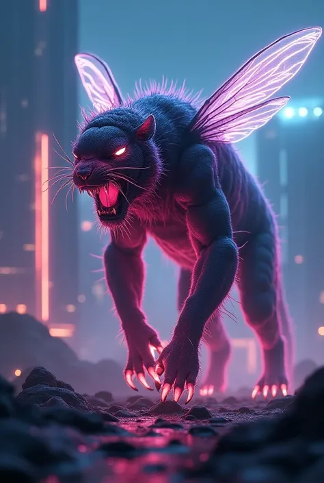 I want to create hybrid animal from these two animals tiger and fly. In cinematic 8k masterpiece.That animal is very big and dangerous, it is of neon light color 